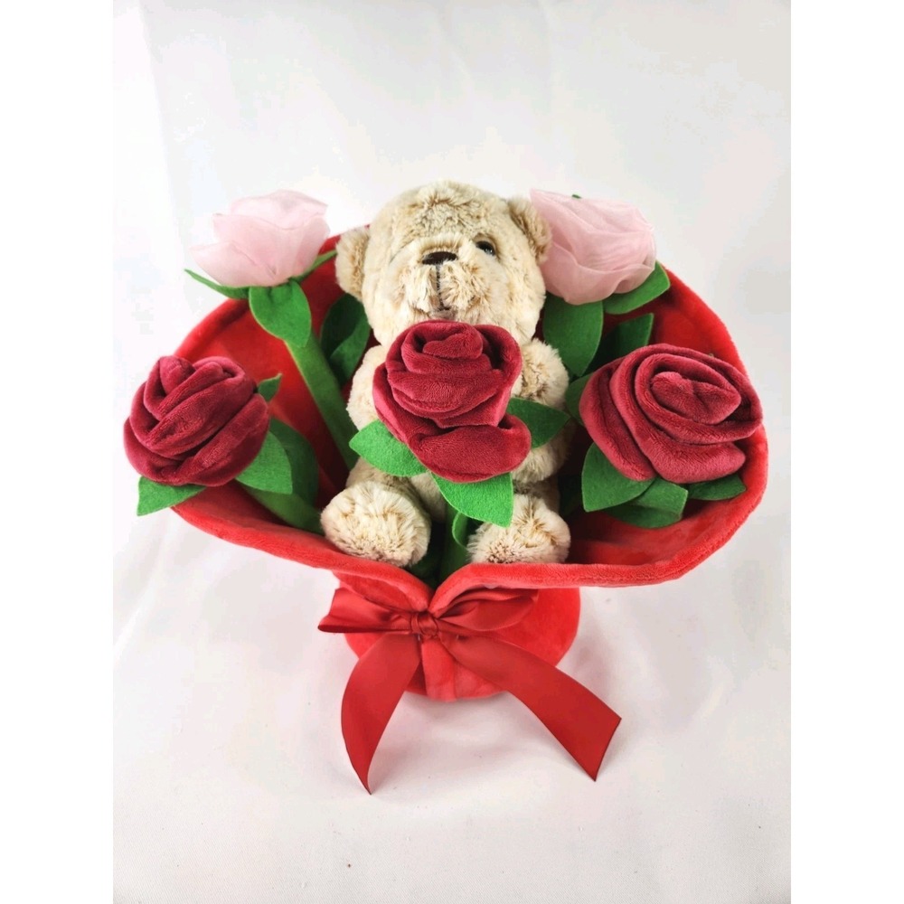 Celebration Bear Bouquet Plush‎ Pink Red Roses Stuffed Animal Flowers Love Cub